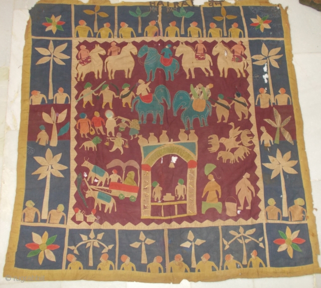 Kanduri shrine Applique Wall Hanging.It is Presented by Pilgrims as on offering on the grave of the Muslim Prince Sara Masoud.From Madhya Pradesh,India.Outer border is little damage .     
