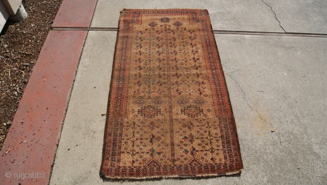  19th century central asia pray rug with baluchi design all natural colors.
size 3.7x6.11                   