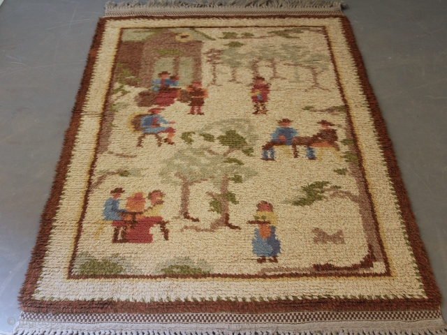 Handmade Swedish Rya Matta
Size 1.66 x 1.04
Depicting rural church setting
Circa 1920
                      