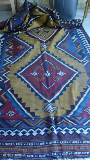Ghashghai kilim , over size ,used for wedding and guests tent of Ghashghai nomads , 140 by 460 cm ,19 century,in  good condition , has a few, small hold of moth  ...