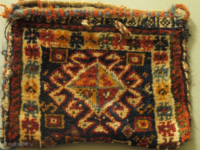 Env. 118136. Beautiful Small Persian Chanteh. Great Colors and very soft wool. As found, the lower part misses a couple of rows as seen on pic 3. 12"by 9."    