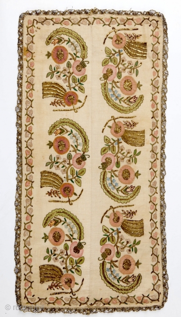 Early 1800’s Ottoman embroidered handkerchief/towel. Silk and metal thread on linen, with metal lace edge. 59 x 29 cm              