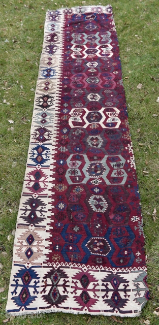 Anatolian (probably Reyhanli) kilim fragment. Magnificent saturated natural colors.

Size: 327cm x 77cm - 128 x 30 inches

                