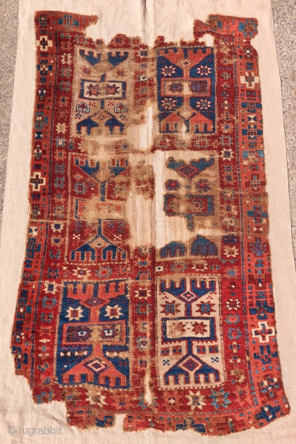 Very graphic East Anatolian Kurdish fragment. Mounted and conserved.                        