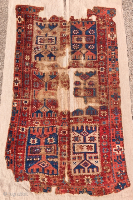 Very graphic East Anatolian Kurdish fragment. Mounted and conserved.                        