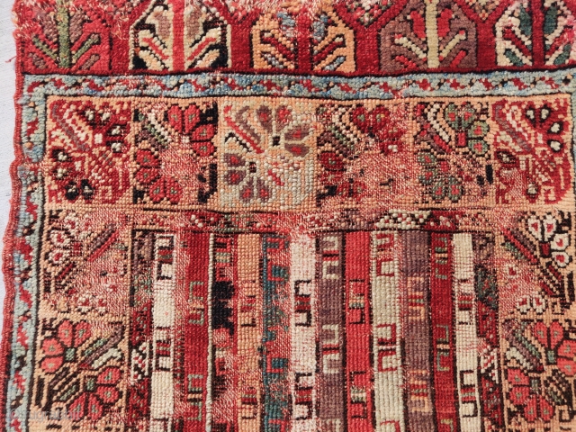 
Colorful small Kirshehir yastik with a textile inspired striped field, 1'8"x2'5"                      