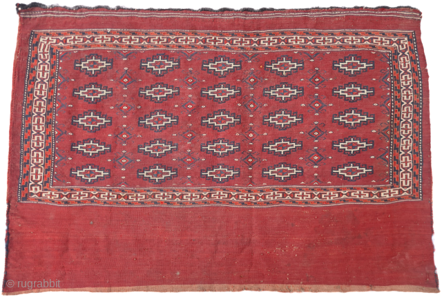 Antique Turkmen Yomut torba (chuval) in fine sumakh technique. Complete torba, including the back and upper finishing elements. Shows signs of wear consistent with age, but remains intact.115 x 80cm.
Please contact ...