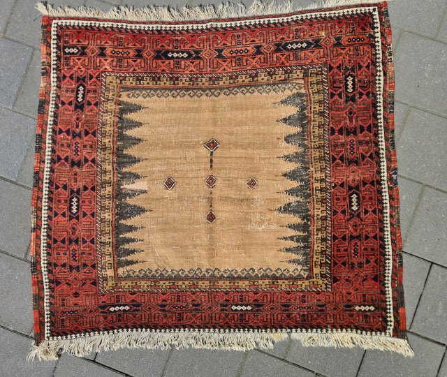 A magnificent, rare tribal Baluch sofreh kilim. The border is knotted, while the simpler center section is woven in camel. A wonderful pattern combination. With signs of wear (see photos), presumably from  ...