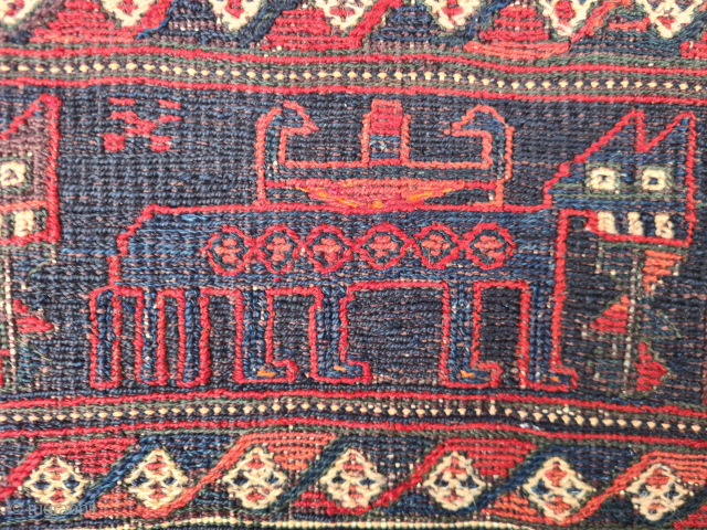 Antique opened Luri / Lori camelbag from southern Persia with rare animal and human pattern. Woven with sumakh-, lilim- and knot technique. 
Dimensions: ~ 110x220cm


Please contact me only directly: goekay.sargin@yahoo.de   
