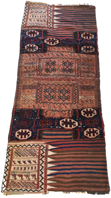 Antique opened bachtiari sumakh camel bag in three techniques (kilim weaving, sumakh weaving, and knotting) in natural colors and beautiful camel and animal patterns. Dimensions: 200x85cm. Wool on wool. Cotton in the  ...