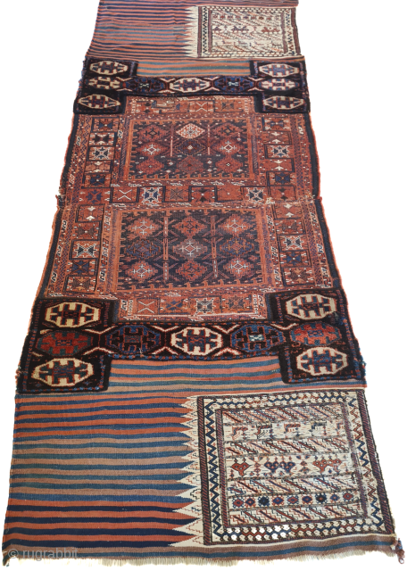 Antique opened Bakhtiari saddlebag/camel bag, made using three techniques (kilim, sumakh, and knotting). The piece has charm: lovely animal motifs on the white areas. Plant-based dyes. Dimensions: 240 x 93 cm. A  ...