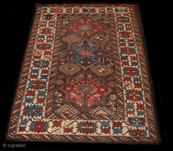 Late 19th C. Shirvan Lezgy 
Size: 3'.2" x 4'.5"
This piece has restoration and the background brown has areas of touch up.  The ends have been rewoven professionally.   Please let  ...