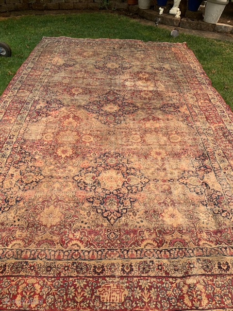 Old Persian Kerman 9.2x15.8 SHABBY CHIC , low pile  some holes and patch in one end.decorative piece .              