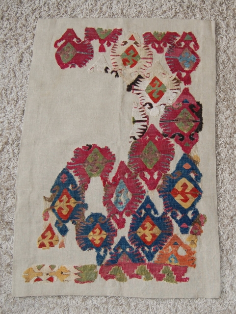 Central Anatolian Kilim Fragment. Mounted. Size of linen support (full size): 77x114cm, fragment size: about 67x104cm.                 