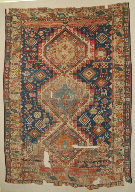 Caucasian Shirvan rug fragment. Rug with the finest quality. Thin, densely knotted. Mounted. Size of support (linen): 123x170cm, fragment size: about 113x160cm. For a very similar (almost the same) rug see Nicolas  ...