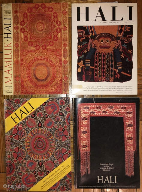 Hali Magazines 144 volumes in good condition.
sequential  from 1983 up to vol. 155 but some of the earliest years have lacunae. For those years the collection has 1978, vol.1, no. 4
1980  ...