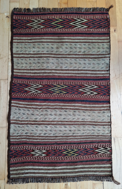 Labijar Tadjik kelim panel, small (103x62 cm) and atrractive, good colours, ca. 1920s. This charming little piece fits into any home or collection. Sides secured, some reduced, overall good condition.
Email me at  ...