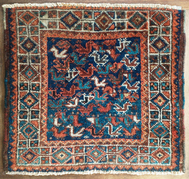Khamseh (?) bird bagface, a riot of birds and an unusual border. SW Persia, 1920s, ca. 56x51 cm, full pile, very good dyes, ends slightly reduced.
A really nice little piece. Shipping from  ...