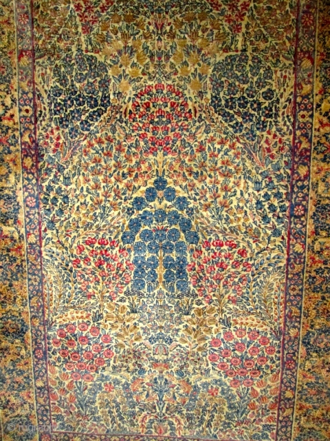 Gorgeous Antique Persian Laver Kerman Rug.

size 7'3''x4'6''. circa 1920. condition near perfect.lovely colors. all original .no repair, very fine rug.             