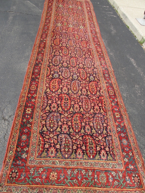 Antique Persian Bedjar Rug.

size 15'x3'8''.condition great. sides and ends intact .circa 1880.                     