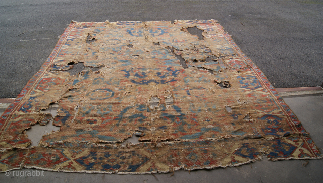 18th century Smyrna Oushak fragment size 9x11.                          