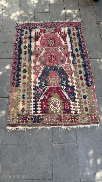 Central Anatolia, Sivrihisar Kilim Rug (Eskisehir )
Size: 125x200 cm 
Wool and wool antique sivrihisar kilim. Natural wool natural dyes. Circa 1880s            