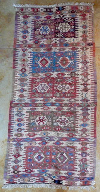   mid 19th century turk kilim-matched halves, nice old purple, restoration- very floorworthy $900                  