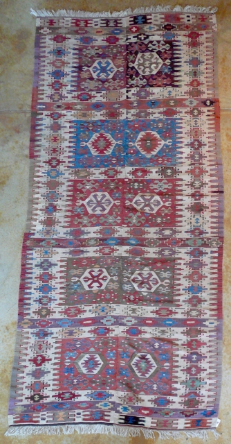 turkish kilim mid 19thc 5 x11 both halves complete-some old repairs- good condition -some nice old colors;                