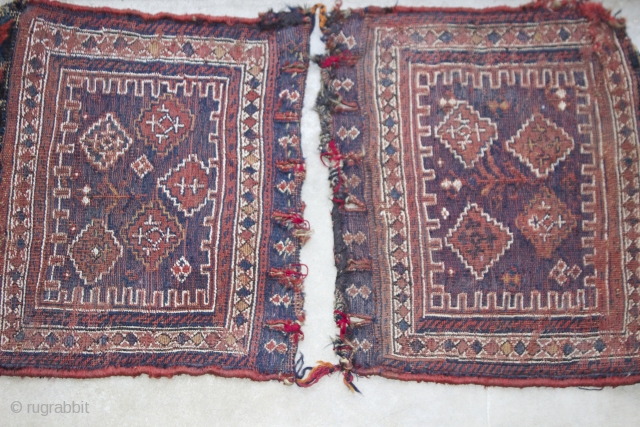 19th cent. Bakhtiari khourjin, two faces, soumak stitch, fastening slits, lovely, 1'6" x 1'3"" each.  Good condition, no back. Knotted pile strip at bottom end of each face.    