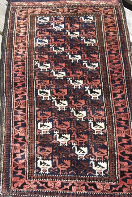 19th cent N E Persian Khorassan area Torbat-i-hai dari, Dowry rug for bridal presentation with Gha'inat (Peacock) motif and ceremonial brocaded silk in top and bottom aprons.  Size: 1'6" x 3.  ...