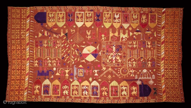 Sainchi Phulkari From East(Punjab) India.Circa 1900.Hand Spun Cotton khaddar Cloth.Sainchi are elaborate pictorial embroideries created by women in Haryana that mirror their life and beliefs,their hopes and desires.Scenes of rural life enrich  ...