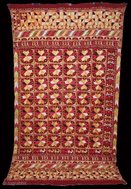 Phulkari From East(Punjab)India Called As Phulkari. Rare Design. Floss Silk on Hand Spun Cotton khaddar Cloth. Its size is 126cm x 224cm.(DSLI05100).           