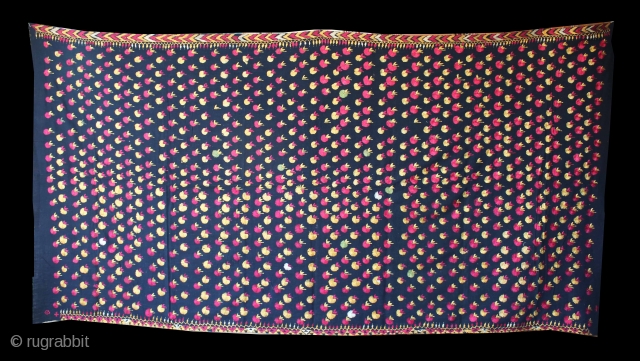 Vintage Folk Phulkari from East(India) Punjab India Called As Indigo Black Mughal Buti. Very Rare Influence of Border Design .Perfect condition.(DSC00800).            