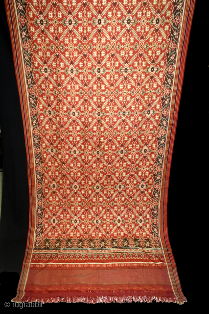 Patola Sari Double Ikat.Woven with Vohra-Gaji-Bhat,Used by the Vohra Muslim Merchant Caste From Patan Gujarat India.This pattern is called “Vohra Gaji Bhat”, a design favored by the Vohra Muslims. Its Size is  ...