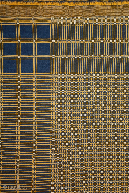 Woven Cotton Coverlet (Khes) with Geometrical Pattern Woven on a pit-loom using a Double-Weave Technique from Nasarpur or Thatta, Sind Pakistan India.Circa.1930.Its size is W-130cm x L-224cm.(DSL02790).      