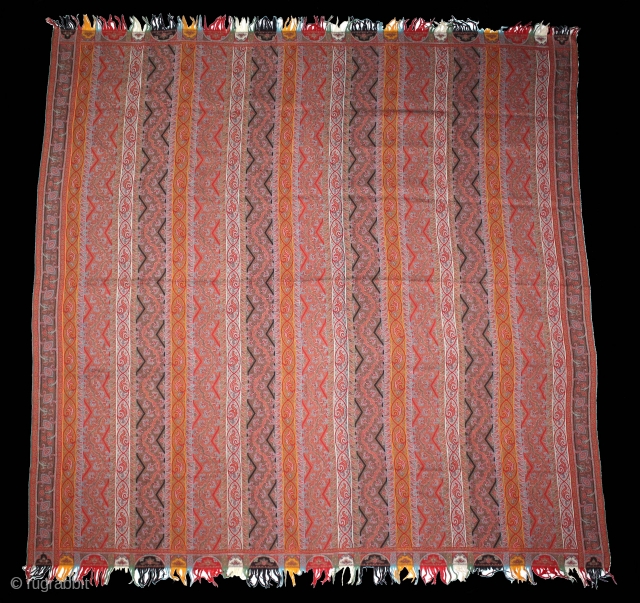 French Paisley Shwal (Katras) Rumal Roman Stripe Square Victorian Shawl with multiple borders.Made for Indian Market.C.1900.Its size is 180cm X 188cm.(DSL03590).            