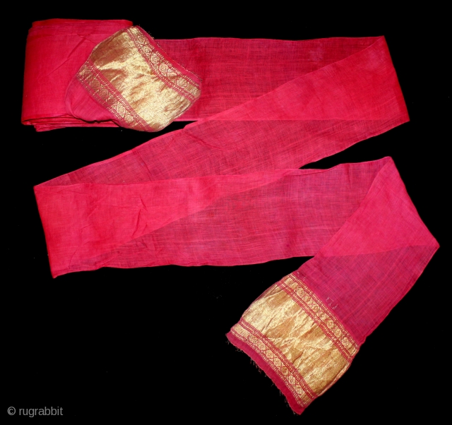 Turban (Pagh)Used on Ceremonial Royals family of Rajasthan India.C.1900.Cotton Turban with Gold Zari Work.Its size is length 15 to 18 miter Width 19"cm.(DSL03620).          