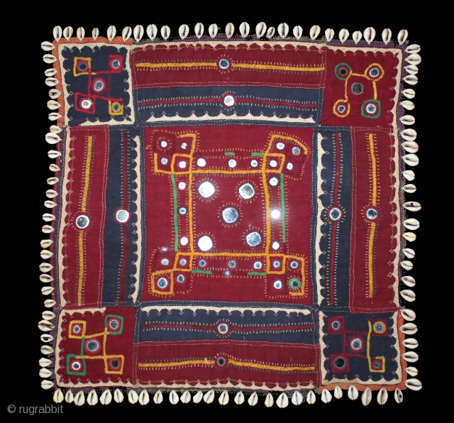 Banjara embroidery,ceremonial square Called As Dhavalo From Karnataka, Telangana,India.C.1940.Cotton,embroidered appliqué,cowrie and shisha work.Its size is 47cm X 48cm.(DSL02300).               