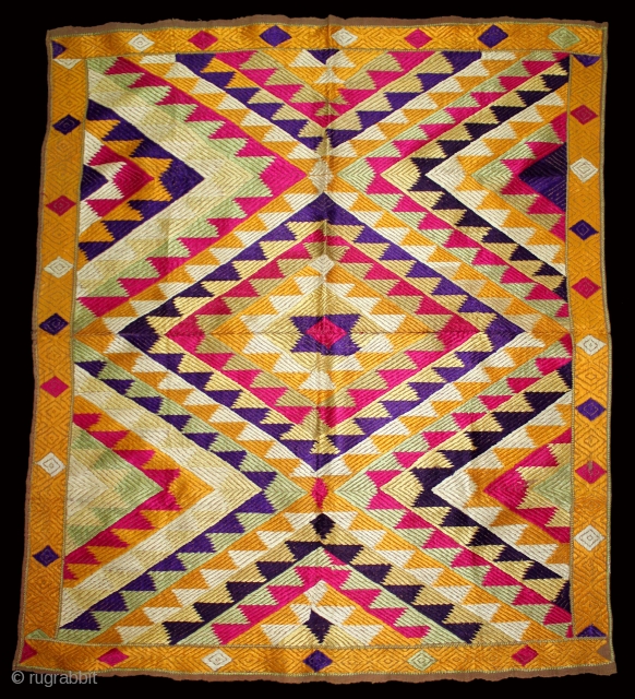 Panch Rangi Rumal From West(Pakistan)Punjab India.Its size is 92cm X 80cm.One of the rare Rumal in Indian Phulkari.(DSL01835).               