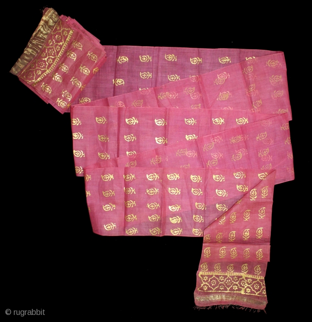 Khari Pagh(Turban) Used on Ceremonial Turban cotton Mull-Mull,Gold Paste.C.1900.Royals family Rajasthan India.Length 15 to 18 miter.(DSL03020).                 
