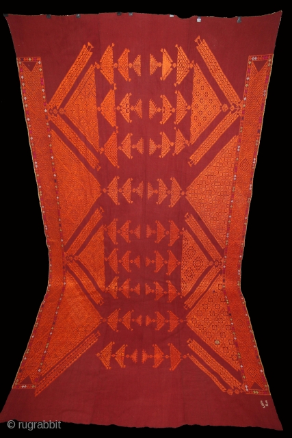 Chope Phulkari Cotton Embroidered with Floss Silk,Double running-stitch From East(Punjab)India.C.1930.Woman Headcover(Chope).Its size is W-166cm x L-335cm.(DSL03030).                 