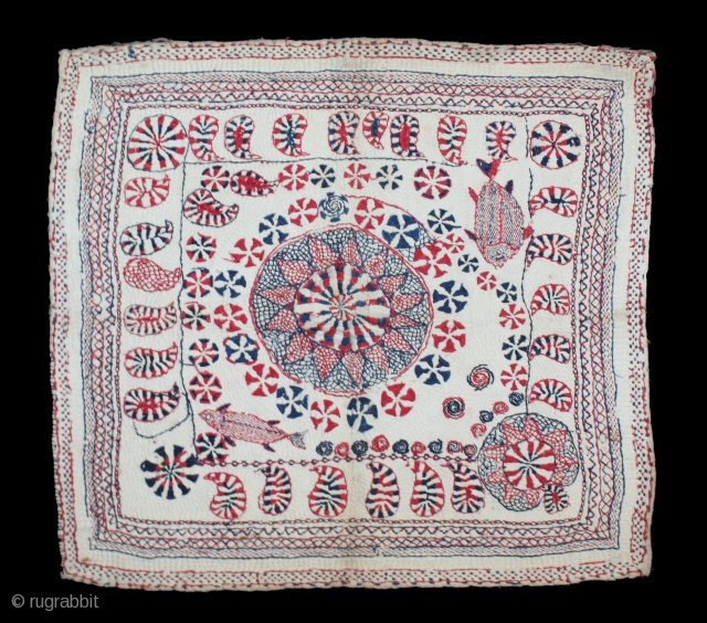 Kantha Quilted Embroidery with cotton thread Kantha Probably From East Bengal(Bangladesh)Region India.C.1900.Its size is 37cm x 40cm.(DSL03060).                