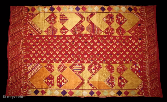 Sarpallu Phulkari From East(Punjab)India called As Sarpallu(Patang Design).Moga District of Punjab India.Floss Silk on Hand Spun Cotton khaddar Cloth.Its size is W-138cm x L-230cm.(DSE03080).         