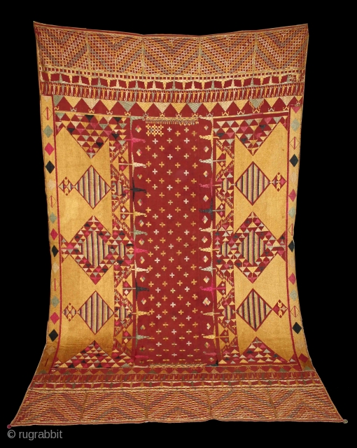 Vintage Sarpallu Phulkari from East (Punjab)India called As Sarpallu(Patang Design). One of the rare design in Indian Phulkari. Extremely Fine Phulkari. Its size is W 152cm X L 248cm.(DSC01300).    