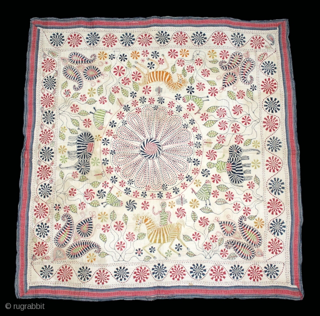 Vintage Kantha embroidery with cotton thread Kantha Probably From Faridpur District of East Bengal(Bangladesh) Region India.C.1900.Its size is 98cm x 102cm.(DSL02430).            