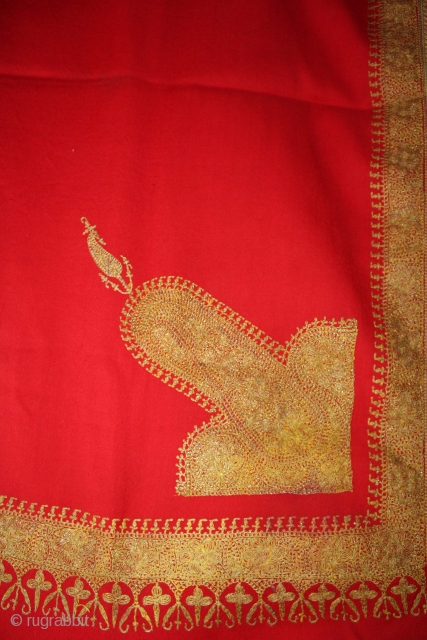 Red Wool Kashmir Shawl,Real Zari Work From kashmir India Called As Dushala. Its size is 122cm x 224cm.(DSL01960).               