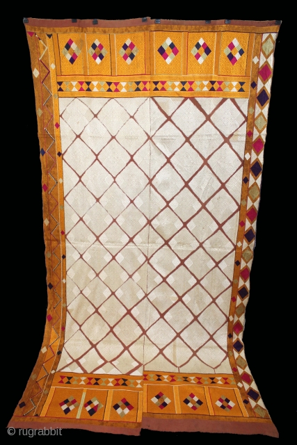 Phulkari From West(Pakistan)Punjab India Called As Chand(Moon) Bagh.C.1900. Rare Pallu with Panch Rangi Side Borders. Floss Silk on Hand Spun Cotton khaddar Cloth.(DSL04430).          