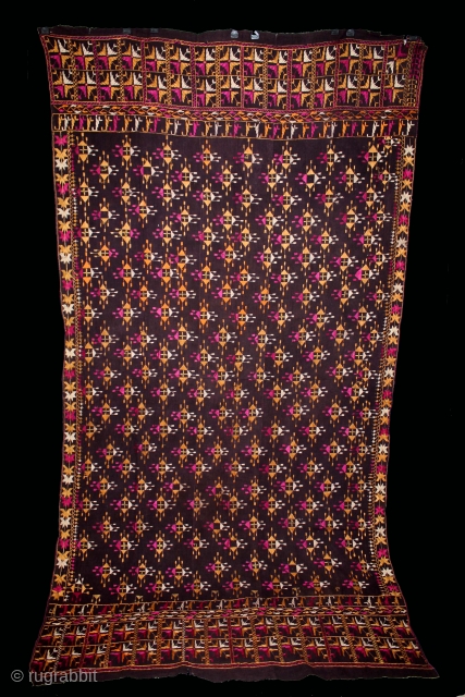 Indigo Phulkari From East(Punjab)India Called As Burfi phulkari.Floss Silk on Hand Spun Cotton khaddar Cloth.Its size is 125cm x 236cm.(DSL05230).             