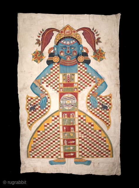 Jain Cosmology Painting of Lok Purush From Gujarat India.C.1910. Hand Painted on the Cotton.The drawing is not just a painting for the sake of art. It contains deep explanations of Jain cosmology  ...