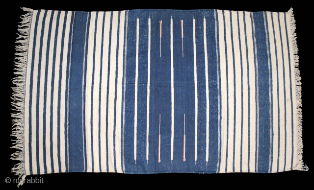 Jail Dhurrie(cotton)Blue-White striped,Natural Indigo and tightly woven From Bikaner Rajsthan India.C.1900.Its size is 84cm x 152cm.(DSL02490).                 